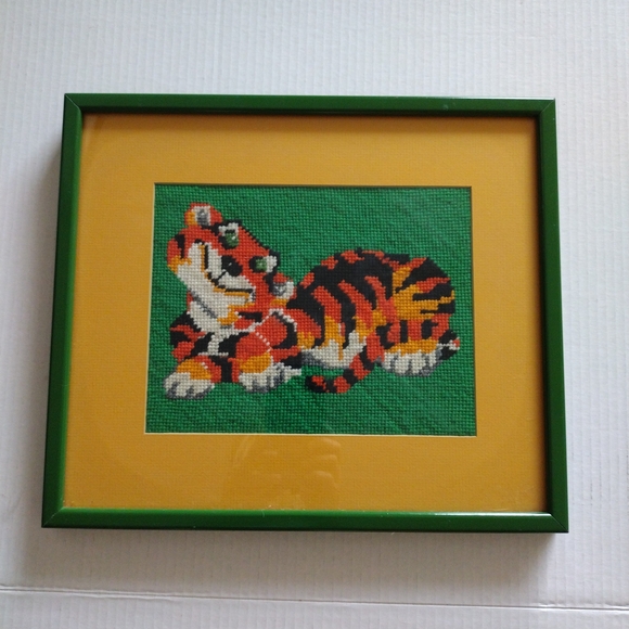 Glass Framed Colorful Tiger Needlepoint Art Printed Matted Green Orange - Picture 10 of 16